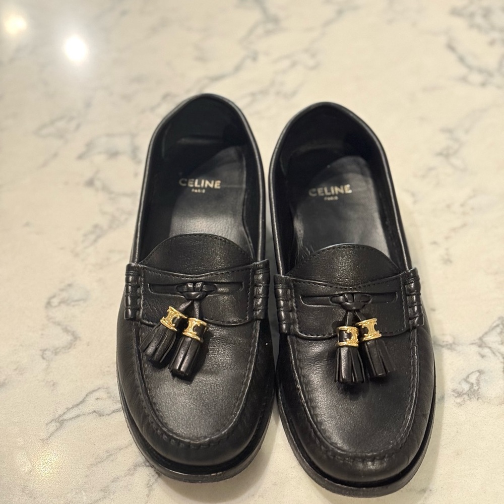 Celine Black and Gold Leather Loafers with Tassel Detail - Picture 5 of 6
